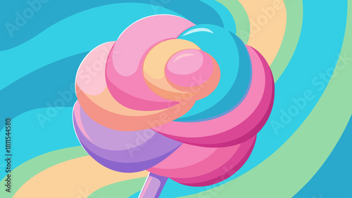 A colorful candy flower with a rainbow swirl background. The candy flower is pink, yellow, and purple