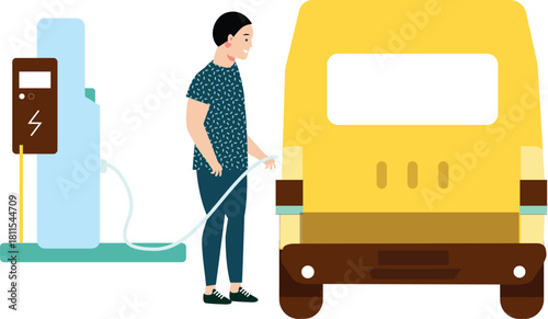 Electric Vehicle Charging Station Vector. EV Car Plug, Clean Energy, Green Transport, Eco Mobility, Modern City Electric Car. Sustainability green urban future, automotive renewable transport hero