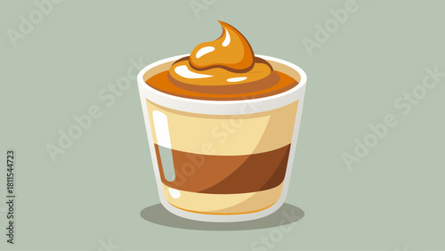 A dessert in a glass with a brown sauce on top. The dessert is a delicious treat that is perfect for satisfying your sweet tooth. The brown sauce adds a rich. The glass is clear