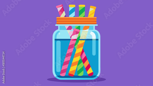 A jar filled with colorful straws. The jar is blue and the straws are rainbow colored