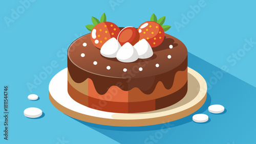 A chocolate cake with strawberries on top. The cake is on a plate and is placed on a blue background