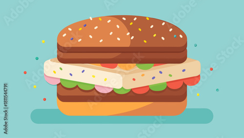 A cartoon drawing of a sandwich with a lot of sprinkles on it. The sandwich is cut in half and has a lot of toppings, including meat, cheese, and vegetables. The image has a playful and fun mood