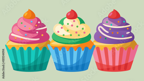 Three cupcakes with different colors and sprinkles on top. The cupcakes are placed in a row, with the middle one being the tallest