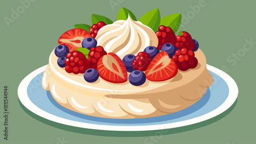 A dessert with strawberries, blueberries, and raspberries on top. The dessert is on a blue plate