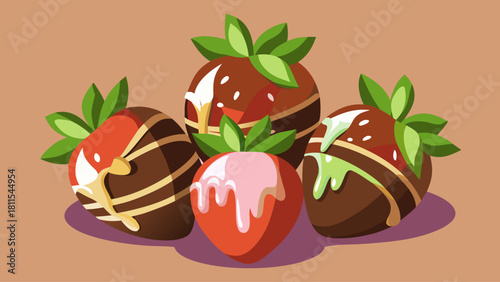 Four strawberries with chocolate drizzles on top. The strawberries are arranged in a row, with one on the left, one in the middle, and two on the right