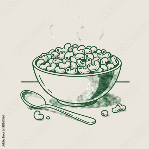 Retro Bowl of Pasta.Hot Macaroni Illustration.Vintage Diner Food Vector.Comfort Meal Engraving.Steaming Elbow Pasta
