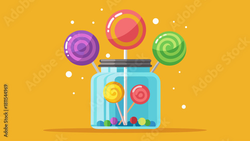 A jar of lollipops with a green, red, and yellow one on top. The jar is filled with colorful candy and the lollipops are arranged in a way that they look like they are in a vase