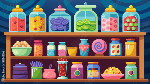 A colorful candy display with many different types of candy in jars. The jars are arranged on a shelf, and the candy is displayed in a way that is visually appealing and inviting