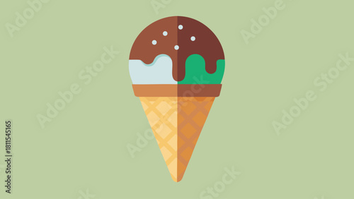 A cartoon of an ice cream cone with green and brown ice cream. The ice cream is drizzled with chocolate sauce, giving it a delicious and indulgent appearance. The cartoon is playful and fun