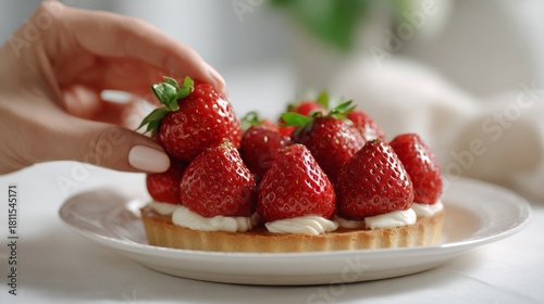 A hand placing fresh strawberries on a delicious tart, showcasing rich cream filling and vibrant colors.