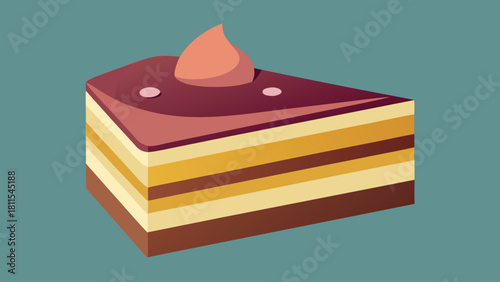 A slice of cake with a whipped cream topping. The cake is cut into a triangle and is placed on a blue background