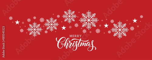 Vibrant Christmas vector banner featuring white "Merry Christmas" script calligraphy centered below a decorative curving border of large white snowflakes and stars, all set on a bright red background.