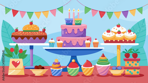 A colorful table with a variety of cakes, cupcakes, and other desserts. The table is set up for a birthday party