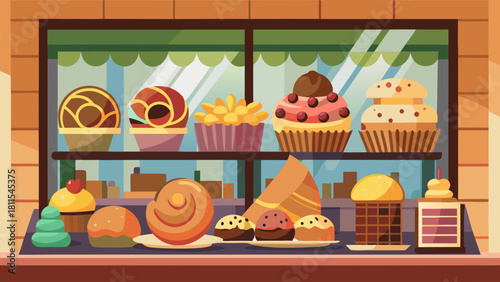 A bakery window display with a variety of pastries and cakes. Scene is inviting and delicious