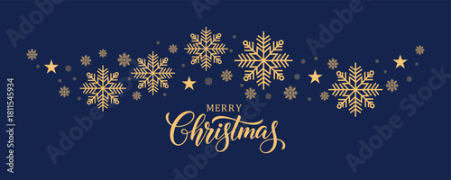 Elegant Christmas vector banner featuring golden "Merry Christmas" script calligraphy centered below a decorative curving border of large gold snowflakes and stars, all set on a deep navy blue backgro