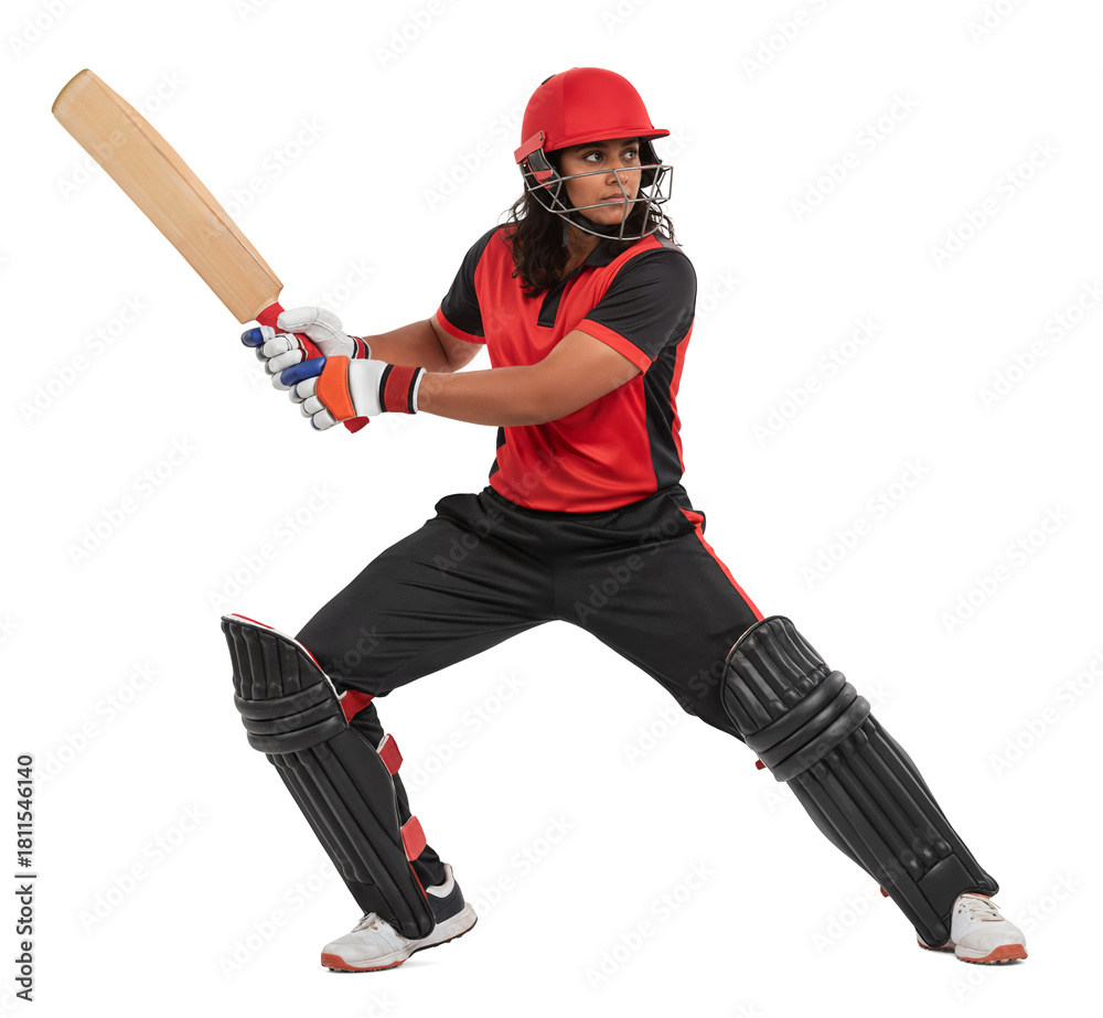 Naklejka premium Pro female cricketer in red and black uniform in ready position, isolated background