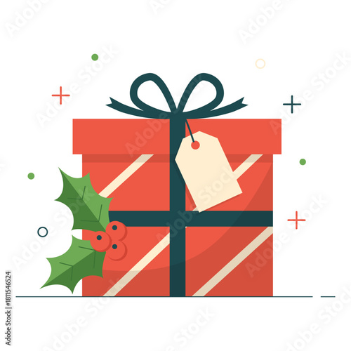 A modern flat design illustration of a large red and white striped Christmas present tied with a ribbon, featuring a sprig of holly and an attached blank gift tag.