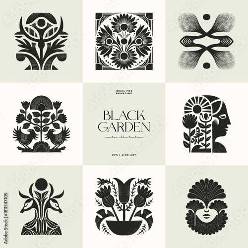 Black Garden – abstract botanical poster collection with stylized human and floral motifs in linocut-inspired symmetrical compositions
