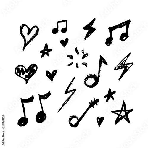 Assorted hand drawn music symbol doodle icon set isolated