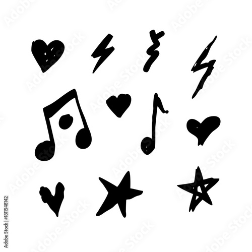 Hand drawn doodle icons of music note heart and lightning isolated on