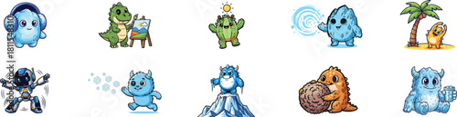 adorable and playful monster character collection for creative projects, isolated on transparent background