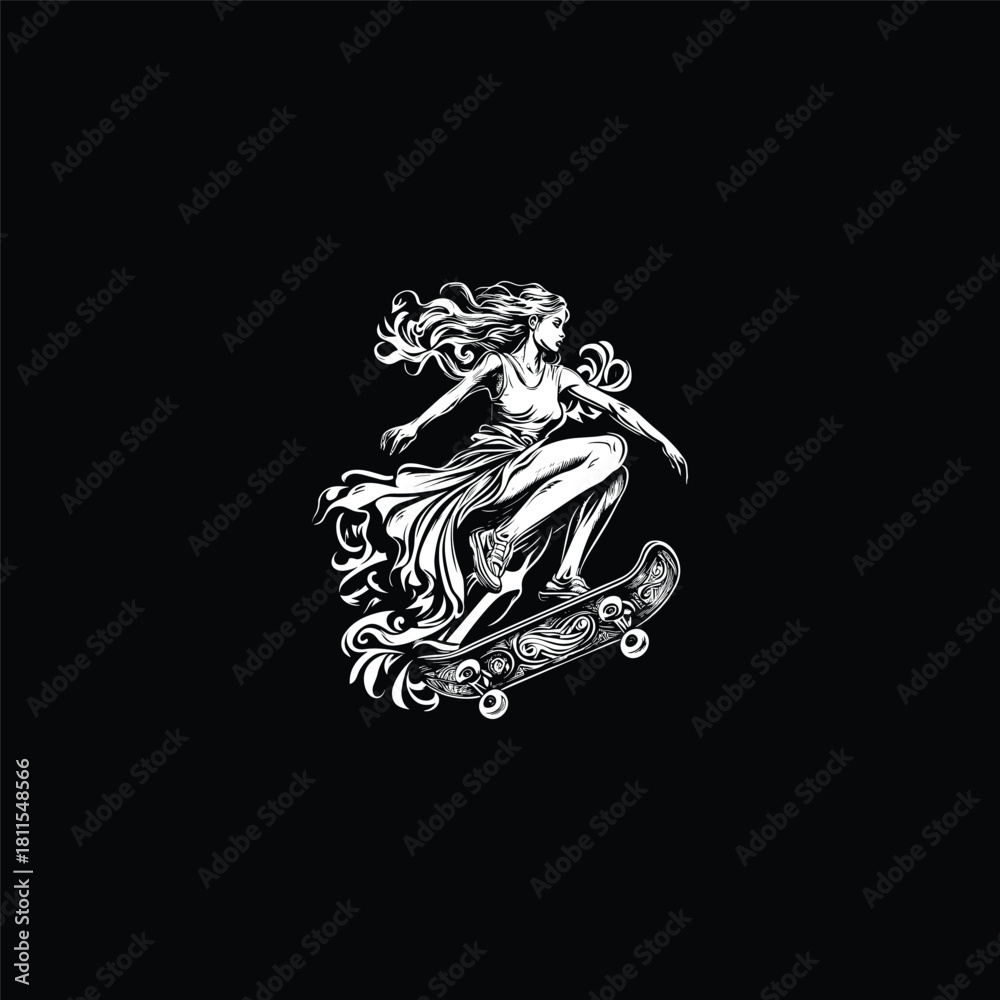 Fototapeta premium Unique vintage engraving style illustration of a graceful woman with flowing hair and dress riding or jumping on an ornate, stylized skateboard