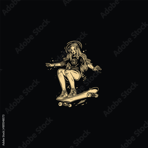 illustration in a vintage sketch style, featuring a female skater with a halo and streetwear look performing a trick on a skateboard
