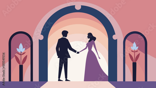 A couple is holding hands in front of a doorway. The man is wearing a suit and the woman is wearing a purple dress. The scene is set in a building with a pink and blue color scheme