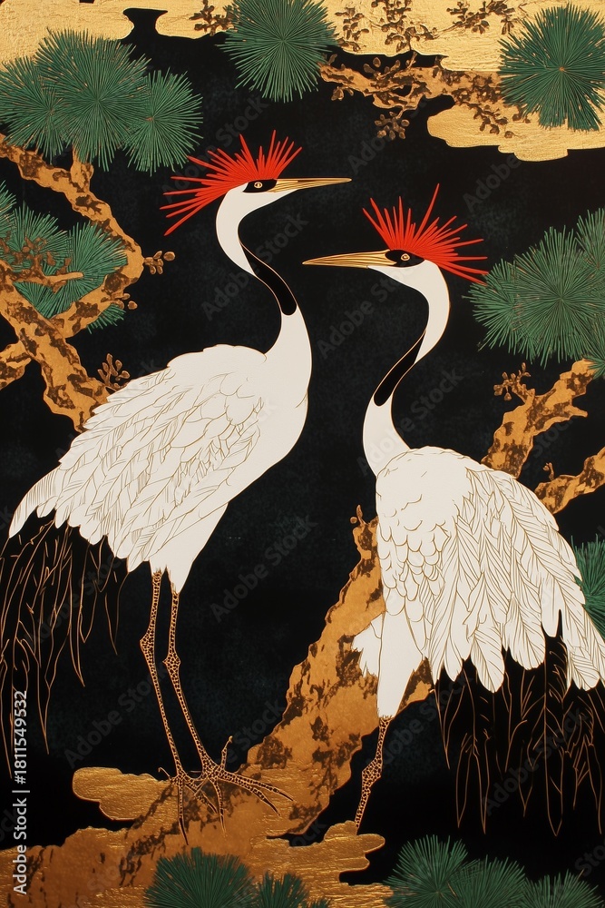 Obraz premium Two red-crowned cranes on a pine tree. Decorative oriental illustration with gold accents on a black background.