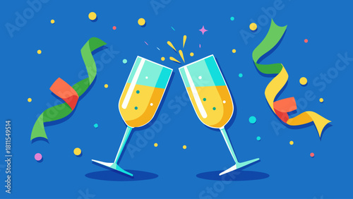 Two glasses of champagne are raised in a toast, with a ribbon in the background. The ribbon is green and red, and it is surrounded by a lot of small, colorful dots. Scene is celebratory and festive
