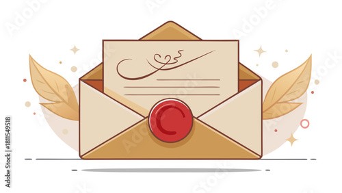 A letter is sitting in an open envelope with a red stamp on it. The envelope is brown and has a leaf design on it. The letter is written in a foreign language and has a heart symbol on it