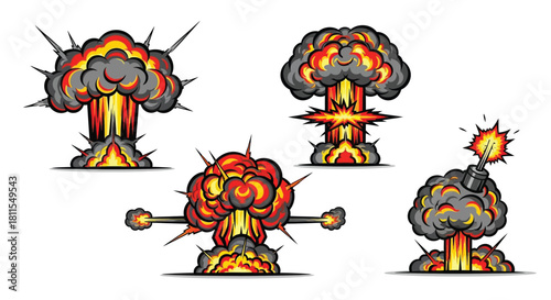 Cartoon explosion effects set diverse fiery blasts and impact visuals
