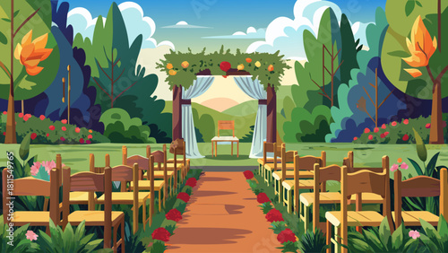 A wedding ceremony is taking place in a lush green park. The ceremony is taking place under a canopy of trees, with a beautiful archway in the middle. The chairs are arranged in rows