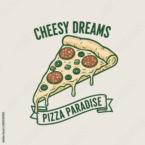 Retro Pizza Slice Design.Cheesy Dreams Vector Graphic.Vintage Street Food Emblem.Dripping Cheese Illustration.Italian Fast Food Badge