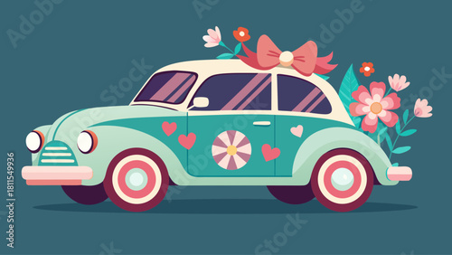 A green car with flowers and hearts on it. The car is decorated with flowers and bows. The car is a symbol of love and happiness