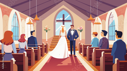 A bride and groom are getting married in a church. The bride is wearing a white dress and the groom is wearing a tuxedo. There are several people in the church, including the bride and groom