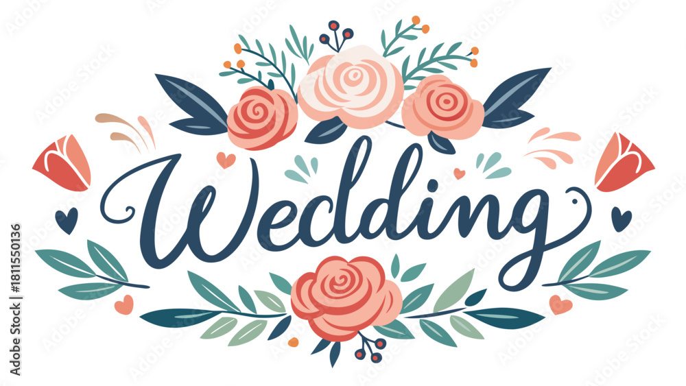 Fototapeta premium Wedding is the word on the image. A flowery design with pink and blue flowers