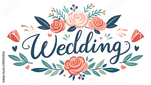 Wedding is the word on the image. A flowery design with pink and blue flowers