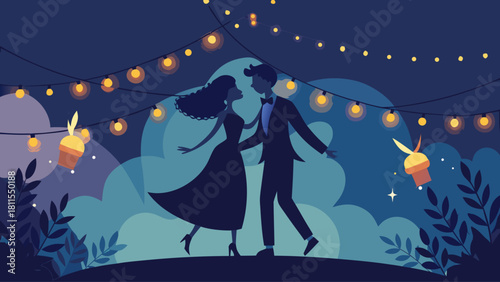 A couple dancing in the dark with lights around them. Scene is romantic and intimate