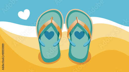 A pair of flip flops with hearts on them are on a beach. The beach is blue and yellow