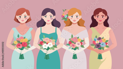 Four women are holding bouquets of flowers. The bouquets are of different colors and sizes. The women are dressed in green and yellow dresses. Concept of celebration and joy