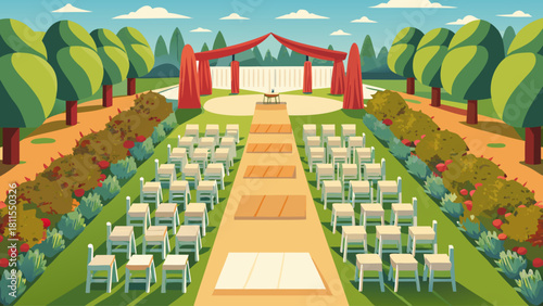 A large outdoor wedding reception with a red tent and a white tent. The reception is set in a park with a lot of trees and bushes. There are many chairs set up for guests to sit on