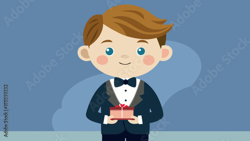 A young man in a suit holding a red box. He is smiling and he is happy