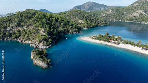 Fototapeta Naklejka Na Ścianę i Meble -  High-angle summer view of Ölüdeniz with its curved beach and crystal-clear waters.