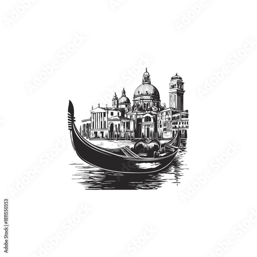 Classic vintage engraving style illustration of a Venetian gondola on the water with city architecture in the background