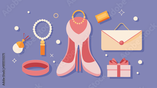 A blue background with a pink and white outfit and accessories. The outfit includes a pair of high heels, a purse, and a gift