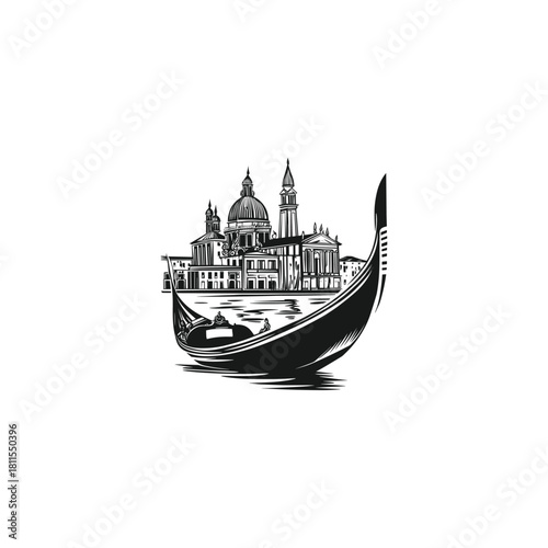 Classic vintage engraving style illustration of a Venetian gondola on the water with city architecture in the background