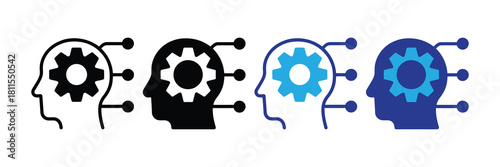 Four diverse icons of a human head profile with a gear inside, symbolizing artificial intelligence, cognition, and mechanical thinking processes, in black, blue and outline styles.