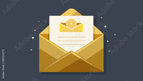 An envelope with a gold color and a white paper inside. The envelope is opened and the paper is visible. The paper has a message written on it