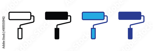 Set of four paint roller icons in black, white and blue, representing renovation, decoration, and diy projects for home improvement and design.